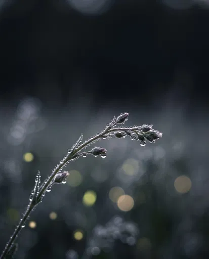 Dew-Covered Wildflower Stem at Night