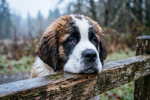 Sad Saint Bernard Puppy on Fence