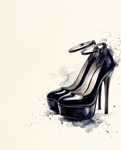 Watercolor Black Platform Stiletto Heels Illustration