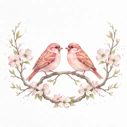 Watercolor Pink Sparrows on Blossoming Dogwood Branch