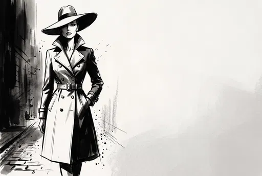 Monochrome Illustration of Woman in Trench Coat