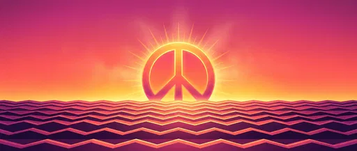 Glowing Peace Symbol Rising Over Geometric Waves