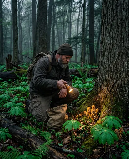 Bearded Forager Finding Morel Mushrooms in Forest