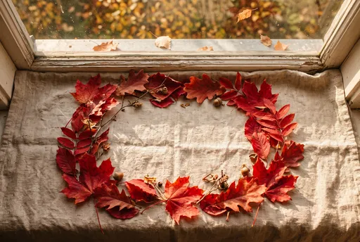 Red Autumn Leaf Wreath on Windowsill