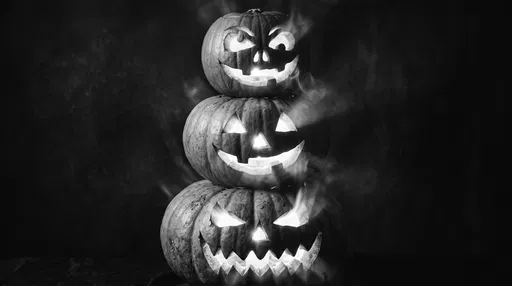 Monochrome Stacked Carved Halloween Pumpkins With Smoke