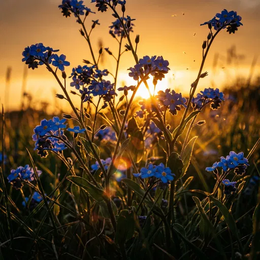Backlit Blue Myosotis Flowers at Sunset