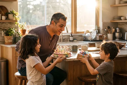 Children Surprising Father With Birthday Cake