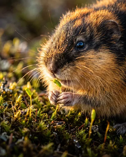 Close-Up of Norwegian Lemming Eating Moss
