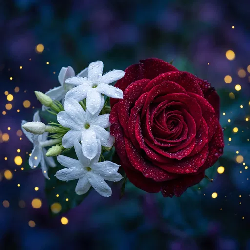 Red Rose and White Jasmine at Night