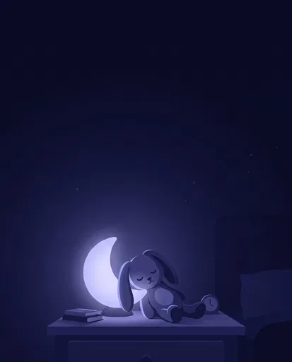 Plush Bunny Beside Glowing Moon Lamp