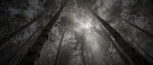 Misty Birch Forest Canopy Under Full Moon