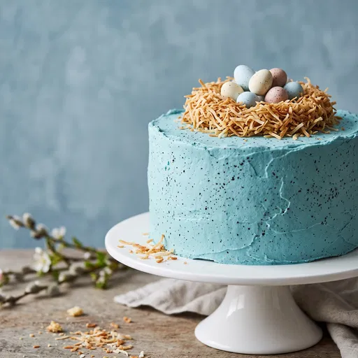Blue Speckled Easter Cake With Coconut Nest