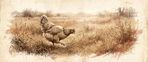 Sepia Ink Drawing of Hen in Meadow