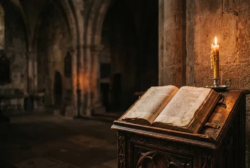 Antique Book and Candle on Church Lectern
