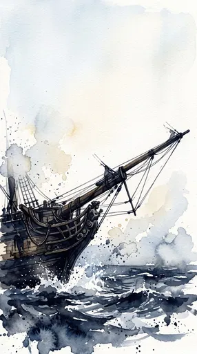 Watercolor Tall Ship Bow Over Dark Waves
