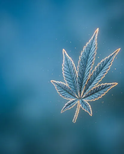 Frosted Blue Cannabis Leaf with Golden Rim Light