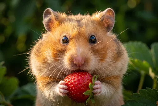 Golden Hamster Holding Red Strawberry