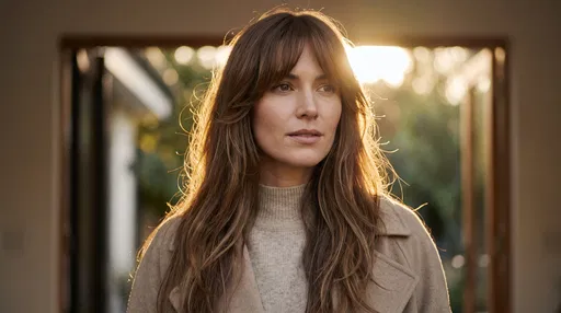 Backlit Woman with Chestnut Curtain Bangs