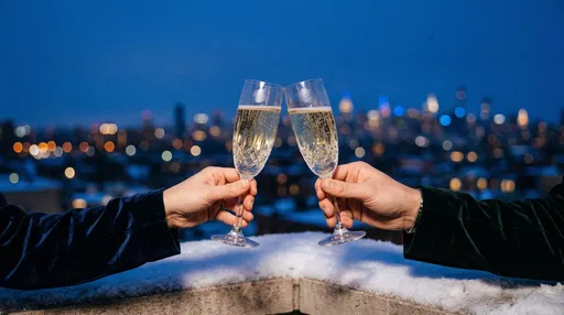 Hands Clinking Champagne Flutes Over Winter Skyline