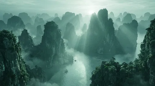 Misty Jade Karst Islands at Sunrise