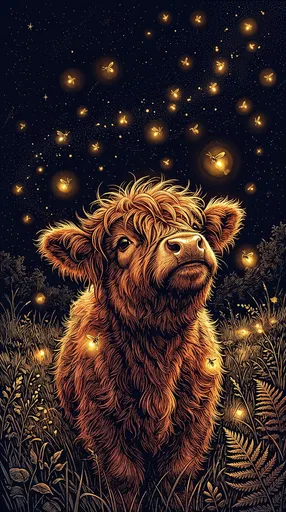 Highland Calf Watching Glowing Fireflies at Night