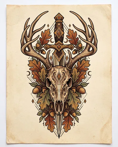 Neo-Traditional Stag Skull Dagger Tattoo Flash