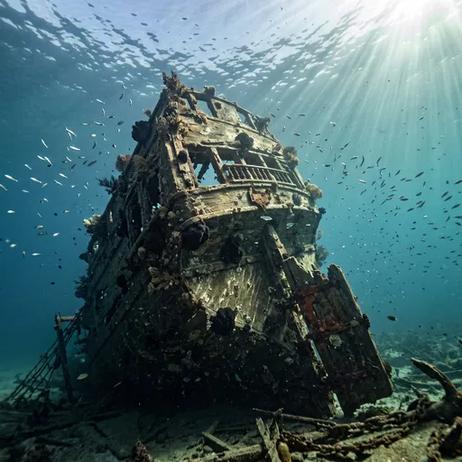Sunken Wooden Shipwreck Stern Under Sunbeams