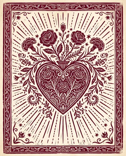 Vintage Linocut Floral Heart Illustration