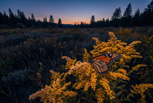Monarch Butterfly on Goldenrod at Twilight