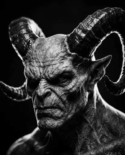 Monochrome Portrait of Horned Demon Monster