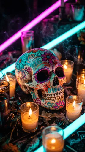 Painted Folk Art Skull With Candles