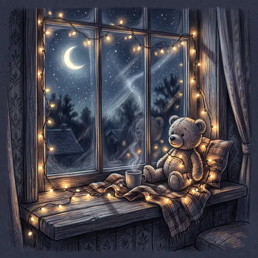 Teddy Bear on Windowsill at Night