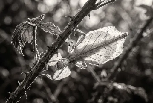 Backlit Leaf Insect on Thorny Stem