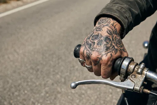 Tattooed Hand Gripping Vintage Motorcycle Handlebar