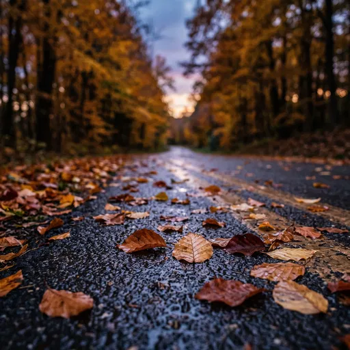 Autumn Leaves on Wet Country Road