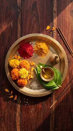 Traditional Brass Puja Thali Flat Lay