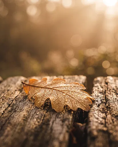 Dew Covered Oak Leaf on Weathered Wood