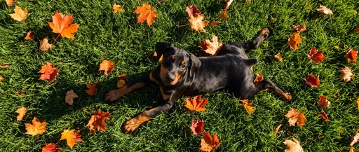 Doberman Puppy Lying on Autumn Lawn