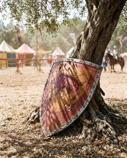 Battered Medieval Shield Against Olive Tree