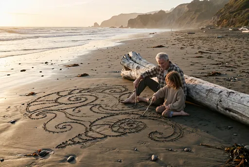 Grandfather and Child Drawing in Beach Sand