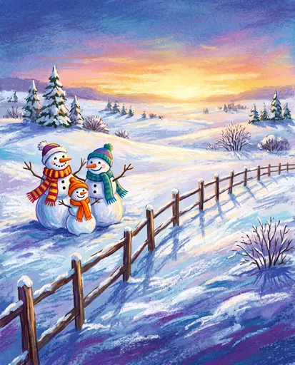 Snowman Family in Winter Sunset Landscape