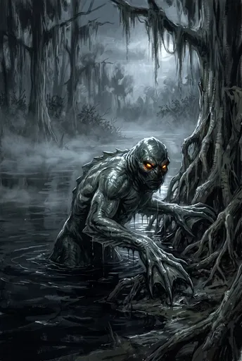 Amphibious Swamp Monster in Foggy Marsh
