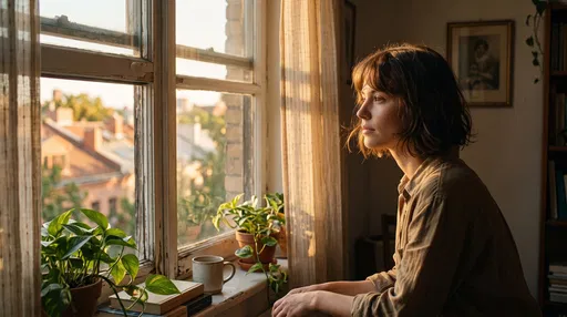 Woman Gazing Out Window at Golden Hour
