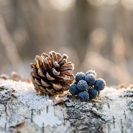 Frosty Pine Cone and Berries on Birch