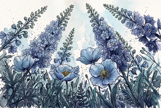 Blue Delphinium and Poppy Watercolor Illustration