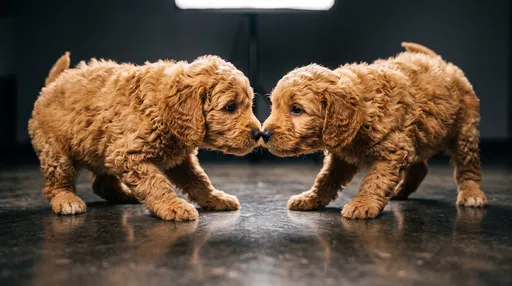 Two Goldendoodle Puppies Touching Noses