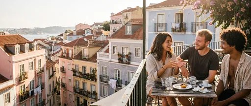 Friends Chatting at Sunny Hillside Cafe Terrace