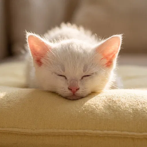 White Kitten Sleeping on Yellow Cushion