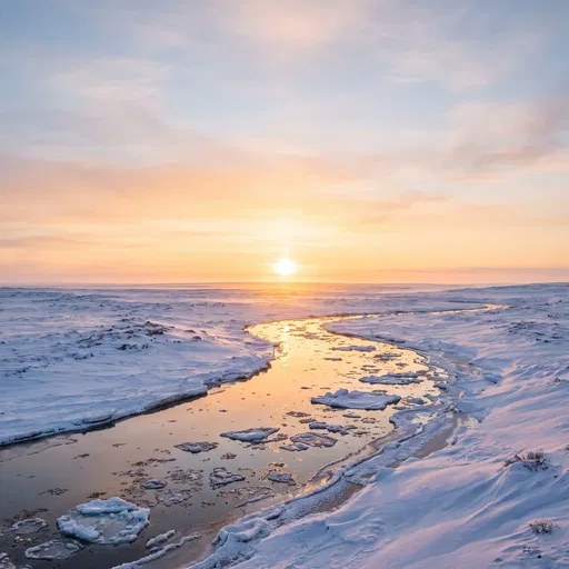 Golden Sunset Over Snowy Arctic River