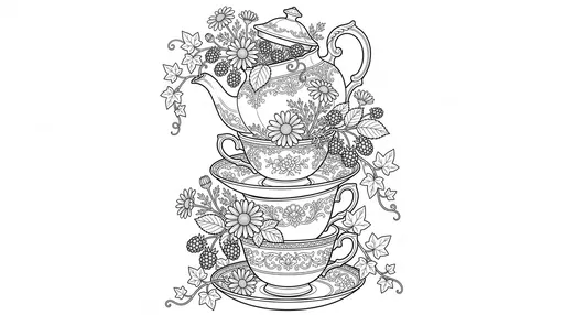 Ornate Floral Teacup Stack Line Art